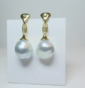 Australian South Sea 15mm Baroque Pearl 18ct Gold & Diamond Earring - Picture 1 of 8