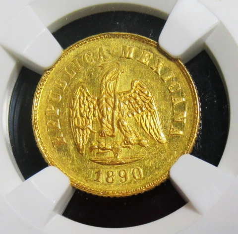 Mexico: Republic gold 2-1/2 Pesos 1890 Mo-M MS61 NGC. Mintage: 420 Cover
