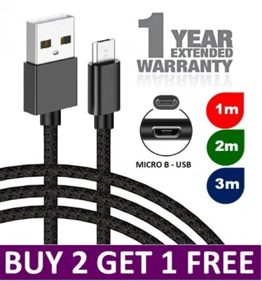 Heavy Duty Braided Micro USB Charger Charging Lead Data Sync Phone Cable 2M 3M - Image 1 of 4