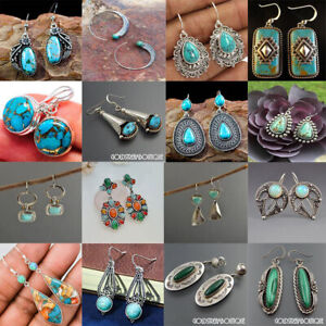 925 Silver Turquoise Dangle Drop Earrings Ear Hook Women Wedding Vintage Jewelry