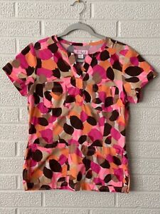 Koi Women's Small Scrub Top, Print Shirt, Leaves, Brown, Pink, Orange 246PR