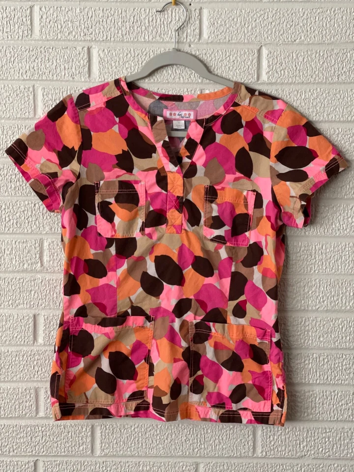 Blusa esfoliante feminina Koi pequena, camisa estampada, folhas, marrom, rosa, laranja 246PR - Imagem 1 de 2
