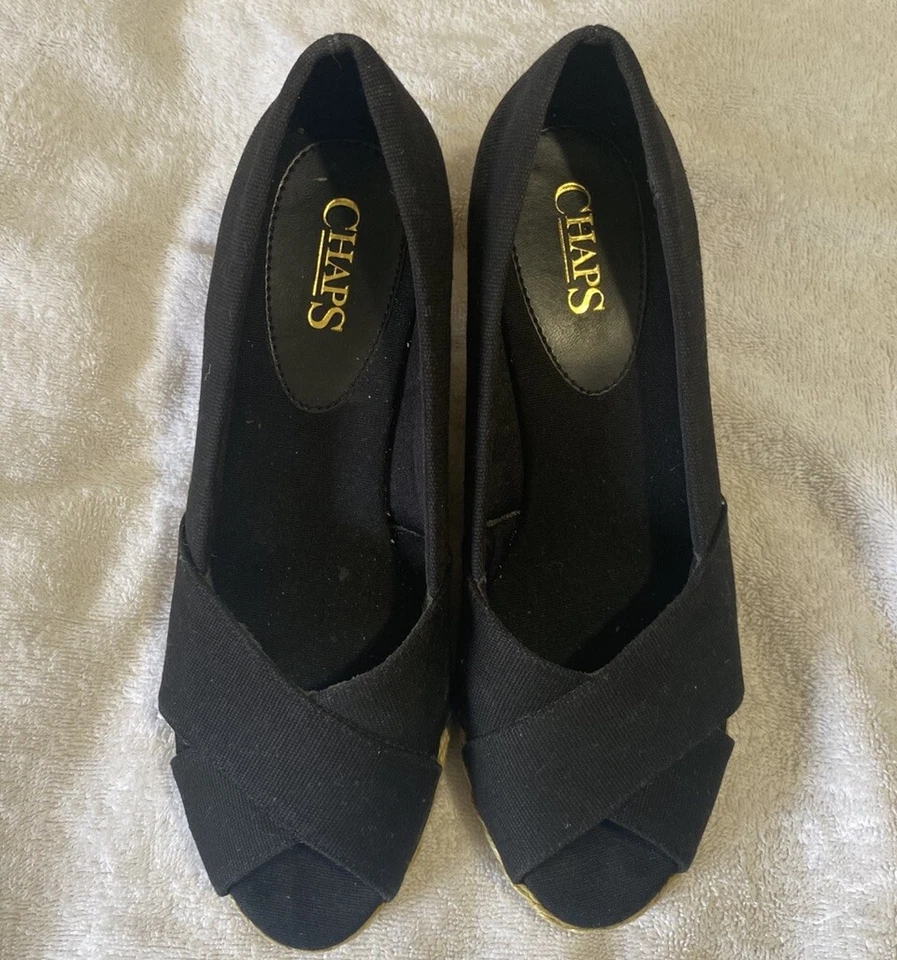 Zapatos Chaps Ralph Lauren Dakota Negros Lona Yute Trenzados Tacones de Cuña Talla 7.5 Foto 1 de 4