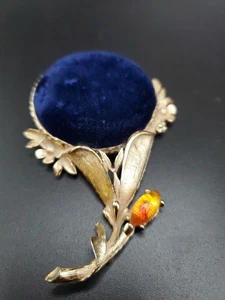 Vintage Dark Blue Velveteen Center Flower Pin Cushion Marked SF Goldtone Metal  - Picture 1 of 12