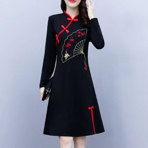 Women Ethnic Cheongsam Dress Midi Long Sleeve Floral Embroidery Side Slit - Imagen 1 de 8