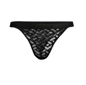 Versace La Greca Lace Thong Women's Black Tulle Bikini Underwear Size 2 / M NWT - Foto 1 di 8