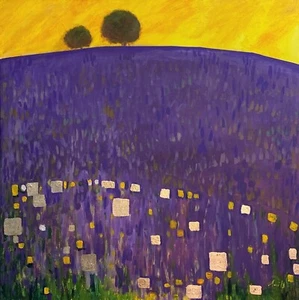 Campo lavanda contemporáneo estilo Klimt abstracto 50x50 cm pan de oro paisaje. - Imagen 1 de 4