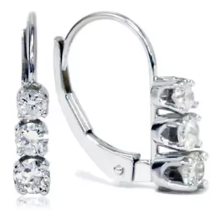 1/2ct TW 3-Stone Real Diamond Women's Lever Back Earrings 14K White Gold - Picture 1 of 5