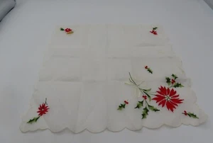 Vintage Ladies Red Flowers Corner On White Handkerchief Made In Switzerland - Picture 1 of 7
