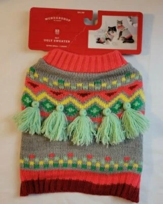 X-Pequeña Mascota Perros Gatos Feo Navidad Suéter Gris Borlas Rayas Multicolor NUEVO Foto 1 de 4
