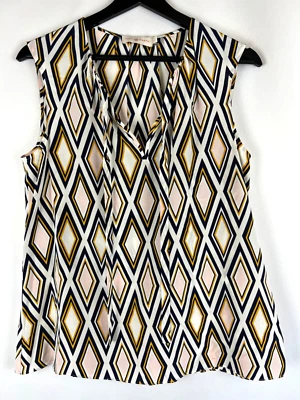 Tory Burch Women's Navy Geometric Front Tie Sleeveless 100% Silk Tank Size 4 - Image 1 of 4