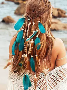 Boho Feather Headband Hippie Headpiece White Gypsy Costume Headband Indian Hair - Picture 1 of 12
