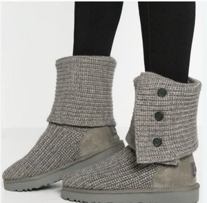 Ugg Classic Cardy Gray Knit Sweater Tall Boots Button 1016555 Women's Size 6 - Picture 1 of 5