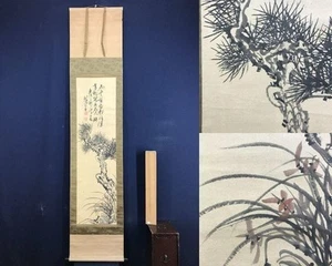 Fujimoto Tesseki Scroll – Pine & Orchid Ink Painting Edo Samurai Artist 184×45cm - Picture 1 of 10