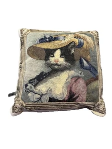 MCM Borgata Tapestry 16” Decorative Pillow Colonial Pussy Cat Dress Hat Regal - Picture 1 of 4