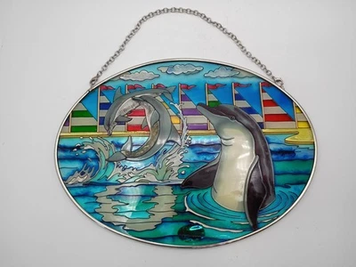 Amia Hand Painted Dolphins & Sailboats Stained Glass Hanging Suncatcher - Image 1 of 4