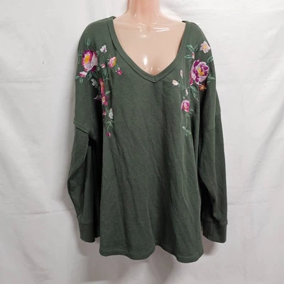 Woman Within Embroidered Thermal Waffle Top Blouse Women Size 3X Green Cotton - Image 1 of 4