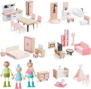 36Pcs Wooden Dollhouse Furniture Set with Dolls for 5 Rooms, Wood & Plastic Pink - Picture 1 of 12
