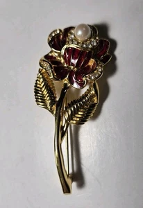 Monet Vintage Blumen Brosche signiert goldfarben rot Emaille Kunstperlen Strass Rose - Bild 1 von 11