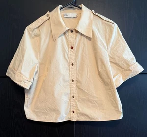 Tory Burch Gold Snap Poplin Camp Shirt Size 8 Khaki Short Sleeves Boxy Preppy - Picture 1 of 10