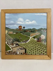 Lowell Herrero Ceramic Tile Farming Hot Air Balloons 9.5” Wall Hanging 1982 Vtg - Picture 1 of 12