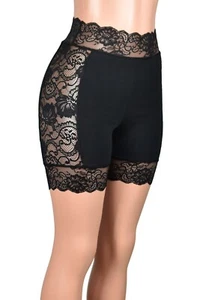 High Waisted Lace Side Black Stretch Lace Shorts XS to 3XL plus size cotton goth - Picture 1 of 6
