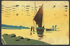 c.1912 KGV 1 1/2d Red-Brown Handpainted Postcard of Sailing Boat to Preston - Picture 1 of 2