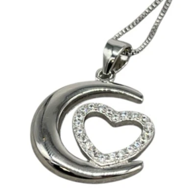 COLLANA FEMMINILE DI ARGENTO 925 FIRMATA LACCETTO CHARM LUNA E CUORE MADE IN ITA - Immagine 1 di 4