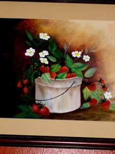 ORIGINAL Red Berries with White Flowers Signed Carol 84 W/C Painting VINTAGE - Picture 1 of 12
