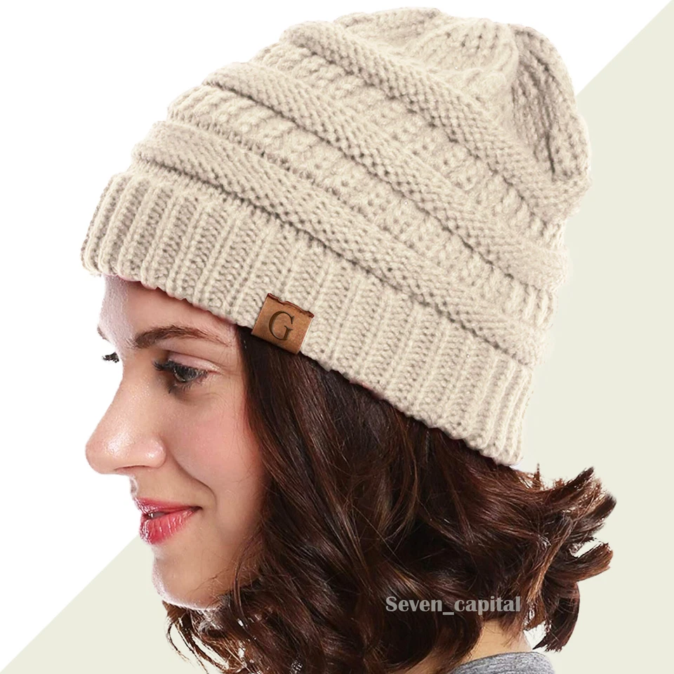 女士男式懒散针织冬季羊毛豆帽宽松滑雪毛皮温暖头骨帽 — 第 1/3 张图片