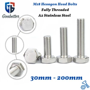 M18 Hexagon Head Fully Threaded Set Screws A2 Stainless Steel Bolts 30mm - 200mm - Picture 1 of 9