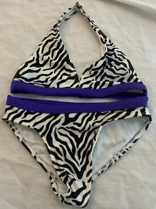 OP Bikini Size 7/8 Kids Zebra Print W Purple Trim Halter Top - Picture 1 of 10
