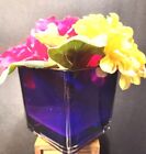 Faux GERBERA FLOWER Arrangement in PURPLE GLASS Square Vase RED YELLOW PINK