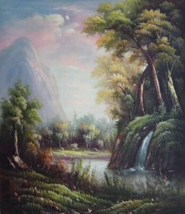 Pintura al óleo 26x22 Cascada de verano bajo montaña paisaje clásico río lago - Imagen 1 de 1