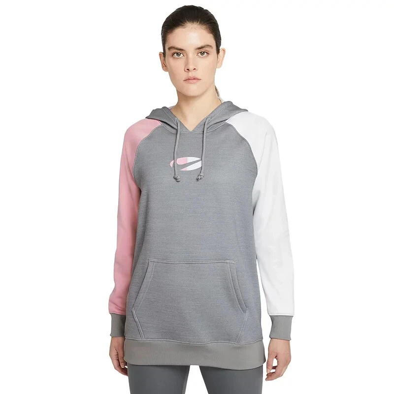 NIKE Women's Cotton Therma-FIT Colorblocked Fleece Hoodie Gray Pink XS
