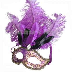 Purple Venetian Masquerade Mask w/Ostrich Feathers Prom Wedding Halloween Party - Picture 1 of 1
