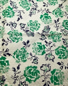 Vtg Crantex Cotton Fabric 3Yds Green & Black Cross Stitch Floral Mid Century - Picture 1 of 12