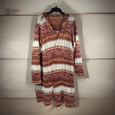 Cárdigan largo suéter con capucha frente abierto One World para mujer patrón azteca 3X Foto 1 de 4