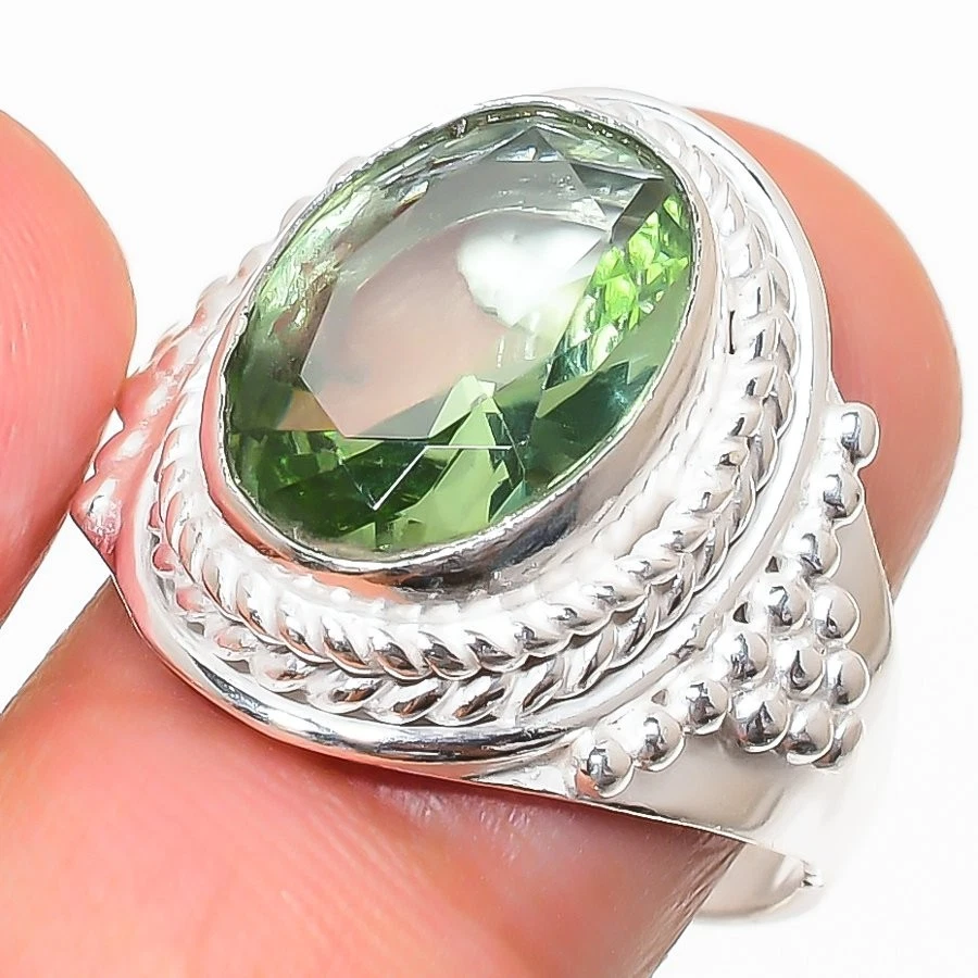 Green Amethyst Gemstone Handmade 925 Sterling Silver All Size Ring For Gift - Image 1 of 1
