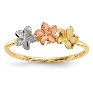 14K Two-tone Gold White Rhodium Polished and Satin 3 Flower Ring - Picture 1 of 4