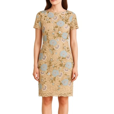 Calvin Klein Embroidered Floral Lace Sheath Dress Women's 4P Lined Cream Blue - Image 1 of 4