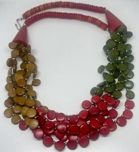 Collana vintage in legno con perline a cascata rosso brillante verde marrone dischi legno argento - Foto 1 di 15