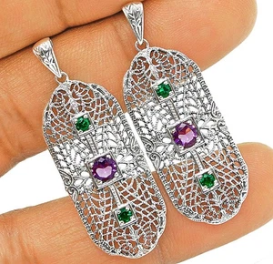 1CT Natural Amethyst & Emerald 925 Sterling Silver Filigree Earrings NU1-4 - Picture 1 of 1