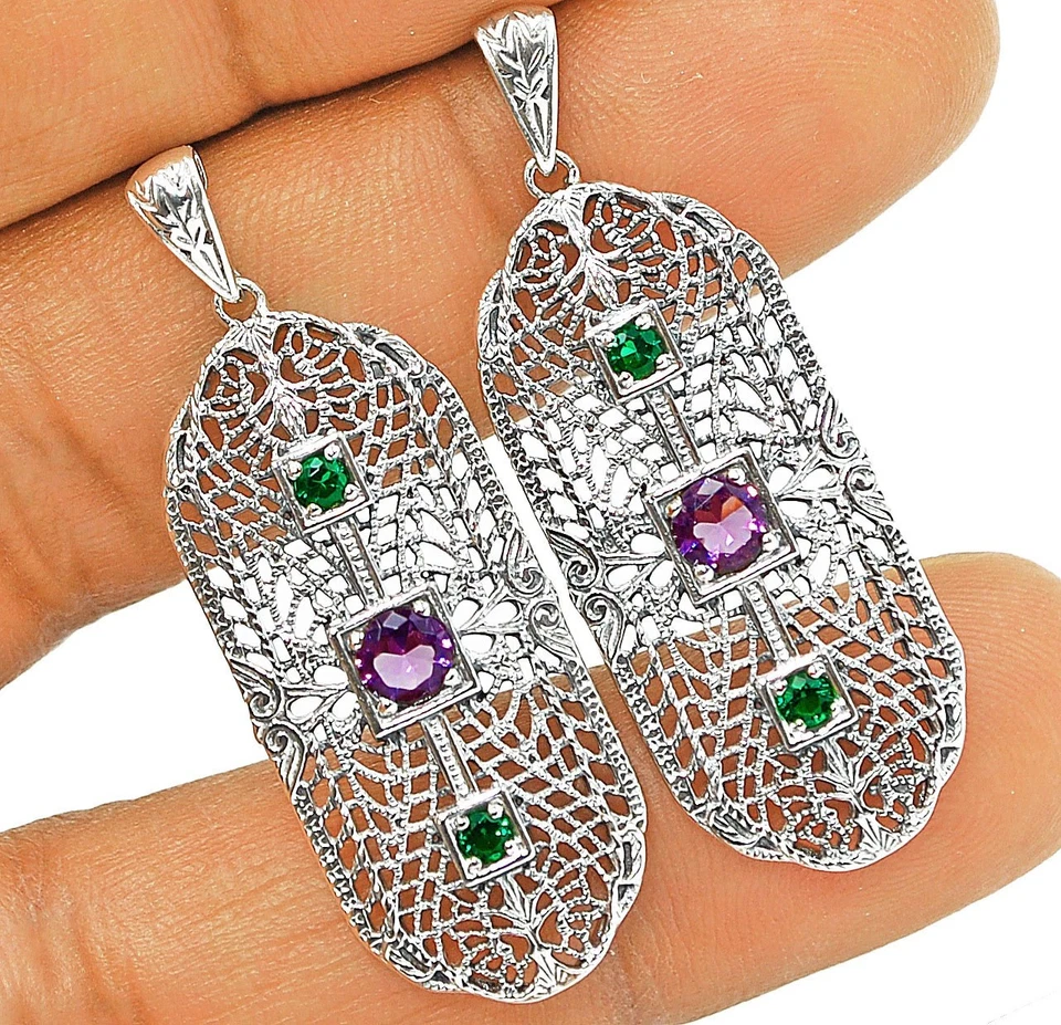 1CT Natural Amethyst & Emerald 925 Sterling Silver Filigree Earrings NU1-4 - Image 1 of 1