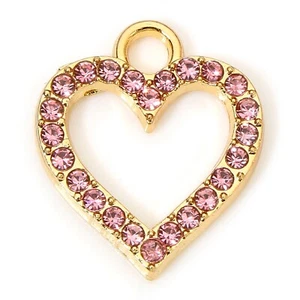 10 Micro Pave Gold Tone Heart Shape Love Charm Pendants with Pink Rhinestones - Picture 1 of 1