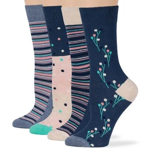 Women Cotton Crew Socks-4 Pack Large- Stripe Dot Flower-Denim Blue Pink - Picture 1 of 12