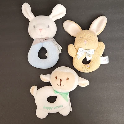 Lot of 3 Baby Soft 6" Plush Rattles Blue Bunny White/Green Easter Lamb Tan Bunny - Image 1 of 4