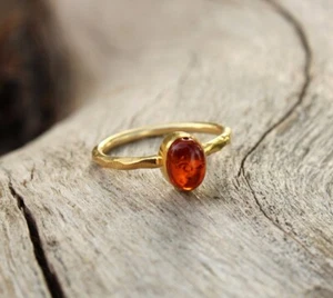 18K Oro Naturale Ambra Baltica Anello 925 Argento Sterling Donna Regalo per Lei - Foto 1 di 11