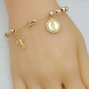Tri Color Gold Plated Saint Jude Medal & Cross Bracelet. San Judas Oro laminado - Picture 1 of 5