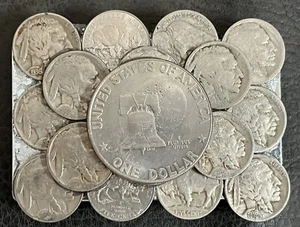 VINTAGE EISENHOWER DOLLAR & BÜFFEL NICKEL MÜNZE GÜRTELSCHNALLE HANDGEFERTIGT - Bild 1 von 3